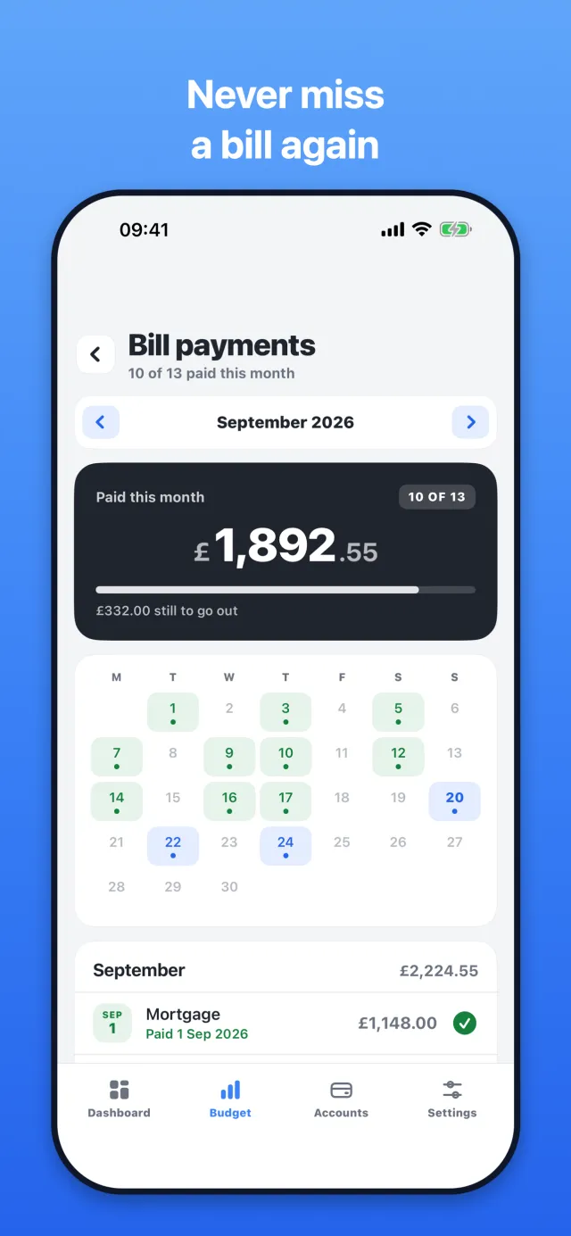 Bill payments calendar: never miss a bill again.